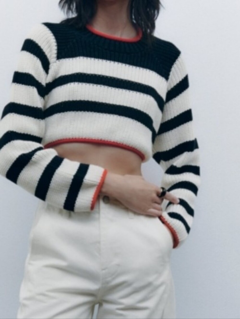 ZARA Navy Or Black? White Stripe Open Back Cropped Knit Pullover Size Medium